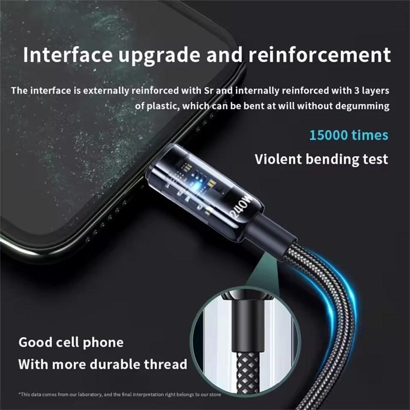 240W 10A Quick Charging USB C Cable Nylon Braided Transparent Type C High-speed Charger Wire for Samsung Huawei Mi Data Line