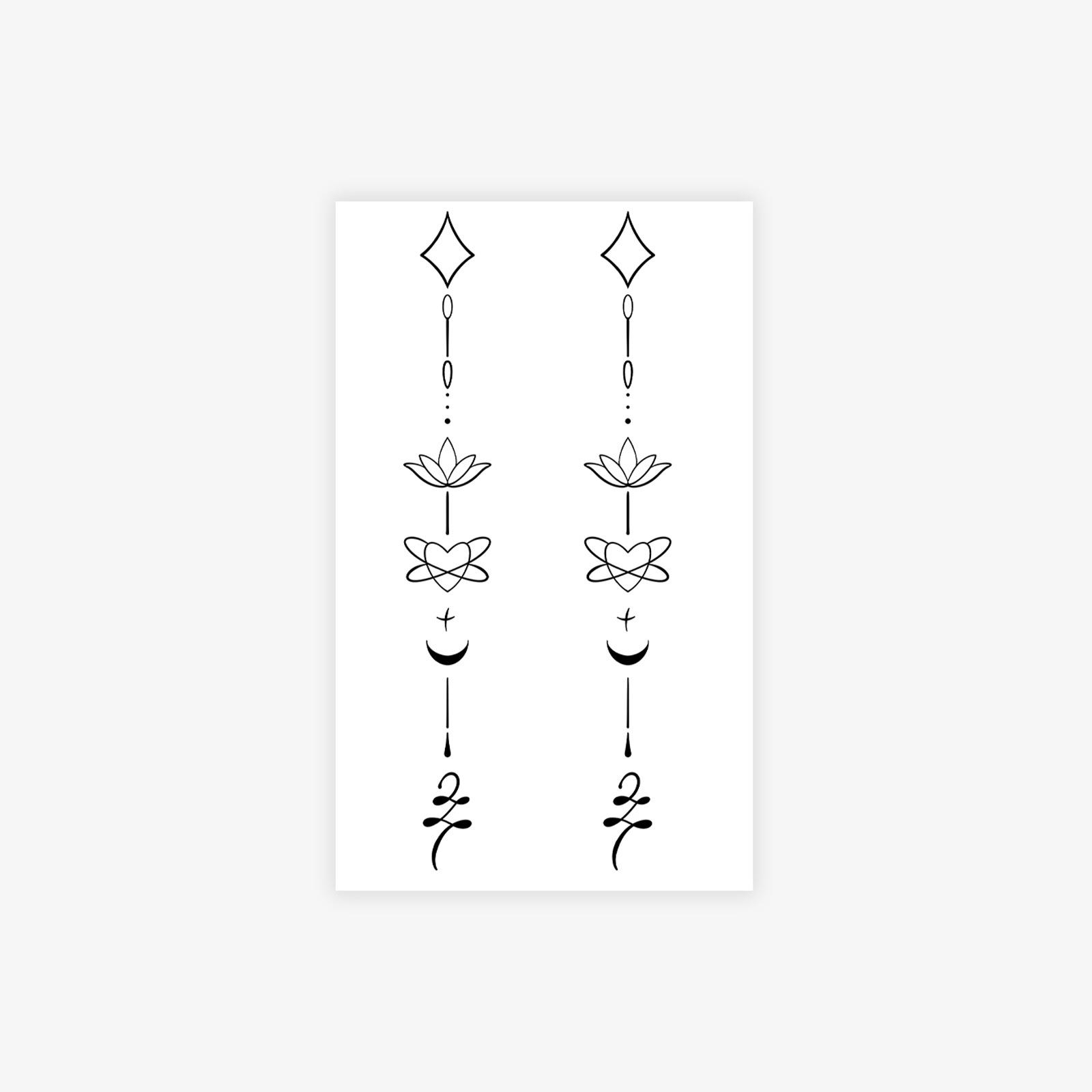 

Lotus Star Moon Sanskrit Tattoo Sticker, Black And Gray Thin Lines, Long-Lasting Waterproof, High-End Behind-The-Ear Sticker 11*18