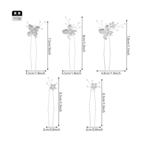 Hair Accessories Set - Leaf and Flower Motif Pearl U-Pins for Bride, Handmade Wedding Hair Jewelry, Silver
