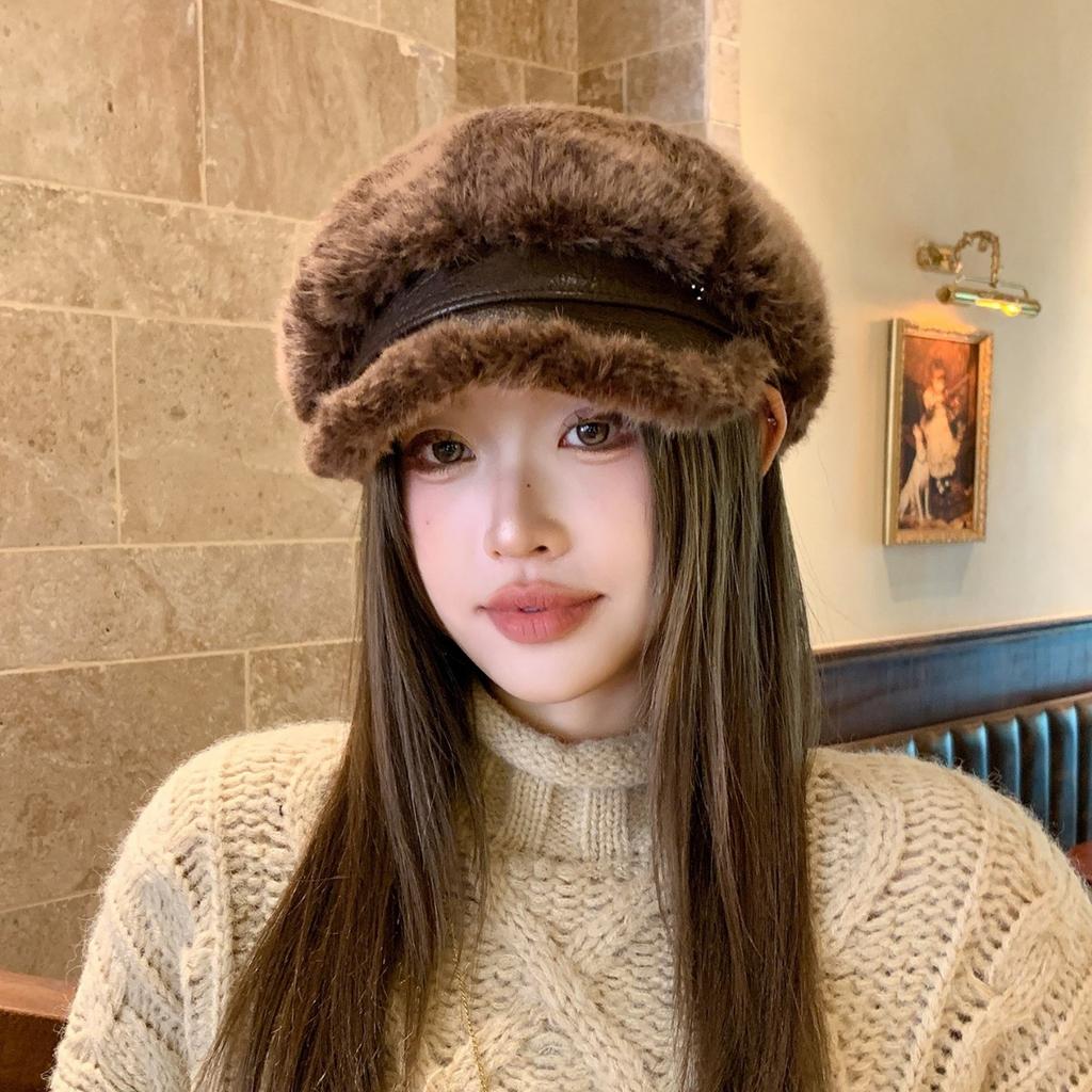 Vintage British Style Lamb Octagonal Hat Women's Autumn and Winter Plush Thickened Thermal Beret Women's Warm Ear Protection Hat for Autumn and Winter