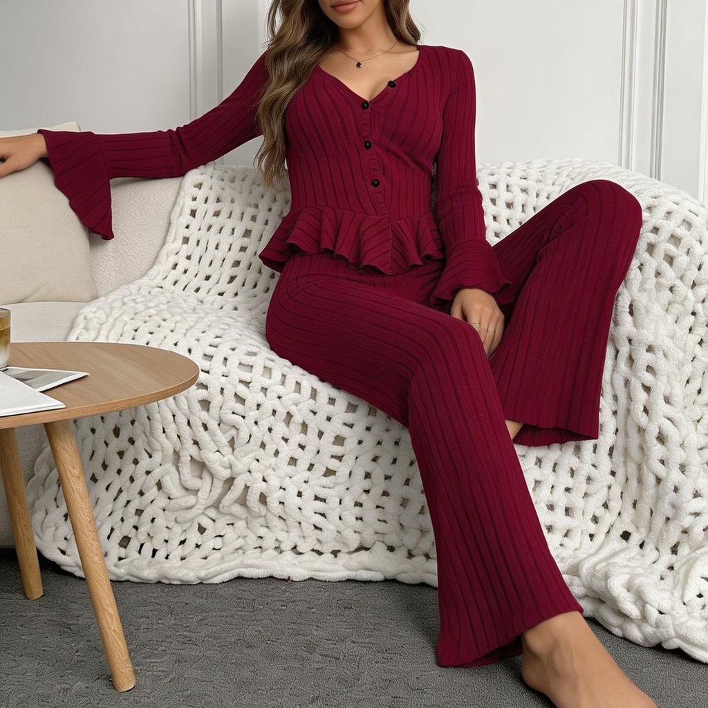 European and American pajamas female cat fleece wavy ruffle V-neck long-sleeved trousers women can wear loungewear outside
