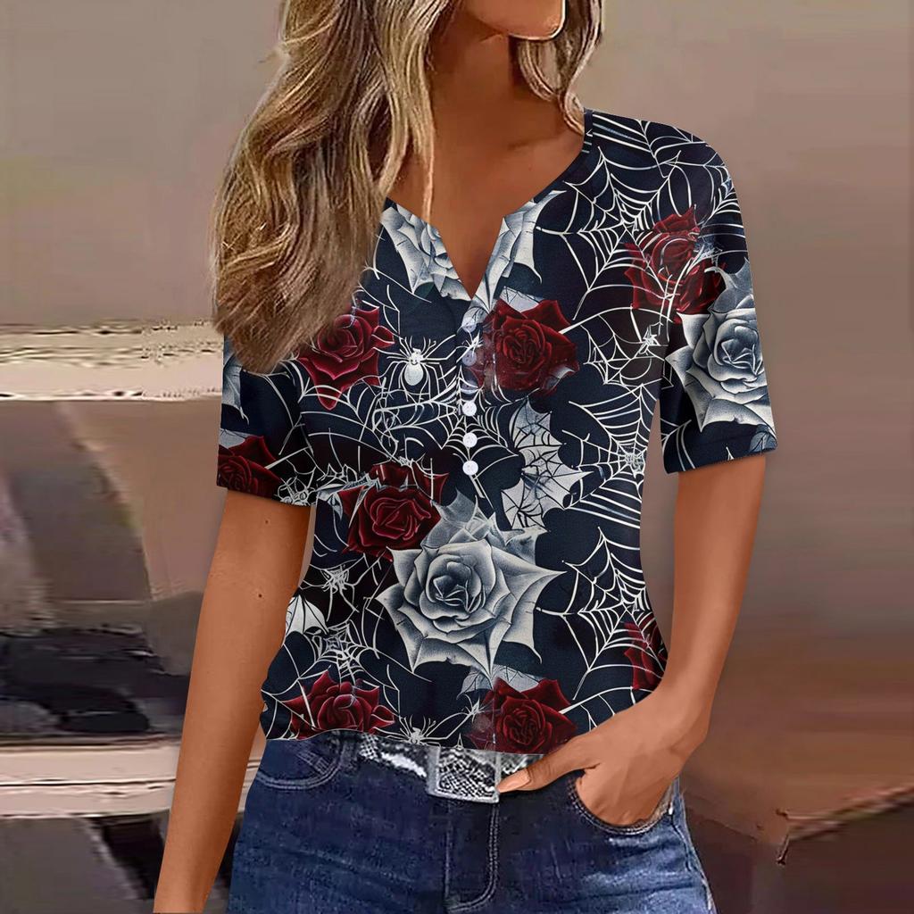 Dames T-skjorte Tee Halloween Trykket Knapp Kortermet Tunika Daglig Helgemote Basic V-hals Vanlig Topp