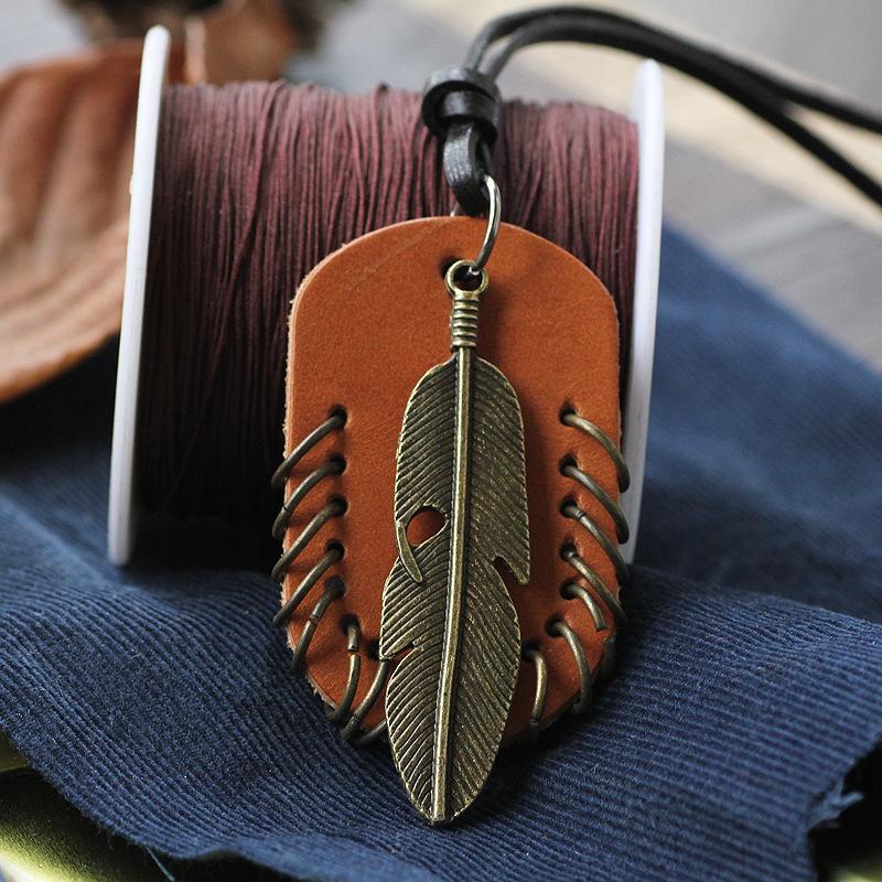 JMXD - Literary Vintage Genuine Leather Feather Rope Necklace Alloy Jewelry