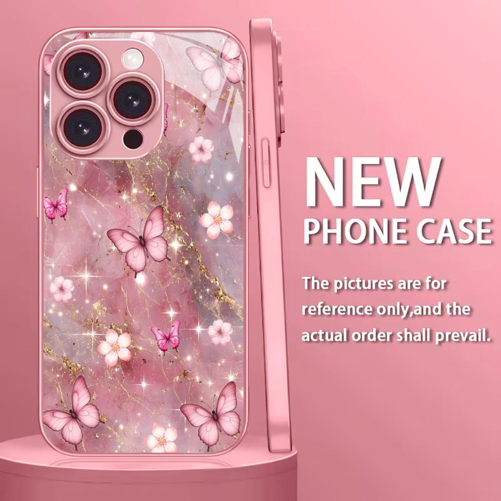 

Pink Marble Butterfly Floral for iphone 17 case Fashion for coque iphone Case Glass for iPhone 17 16 15 14 13 12 11pm Pro Plus iPhone 17