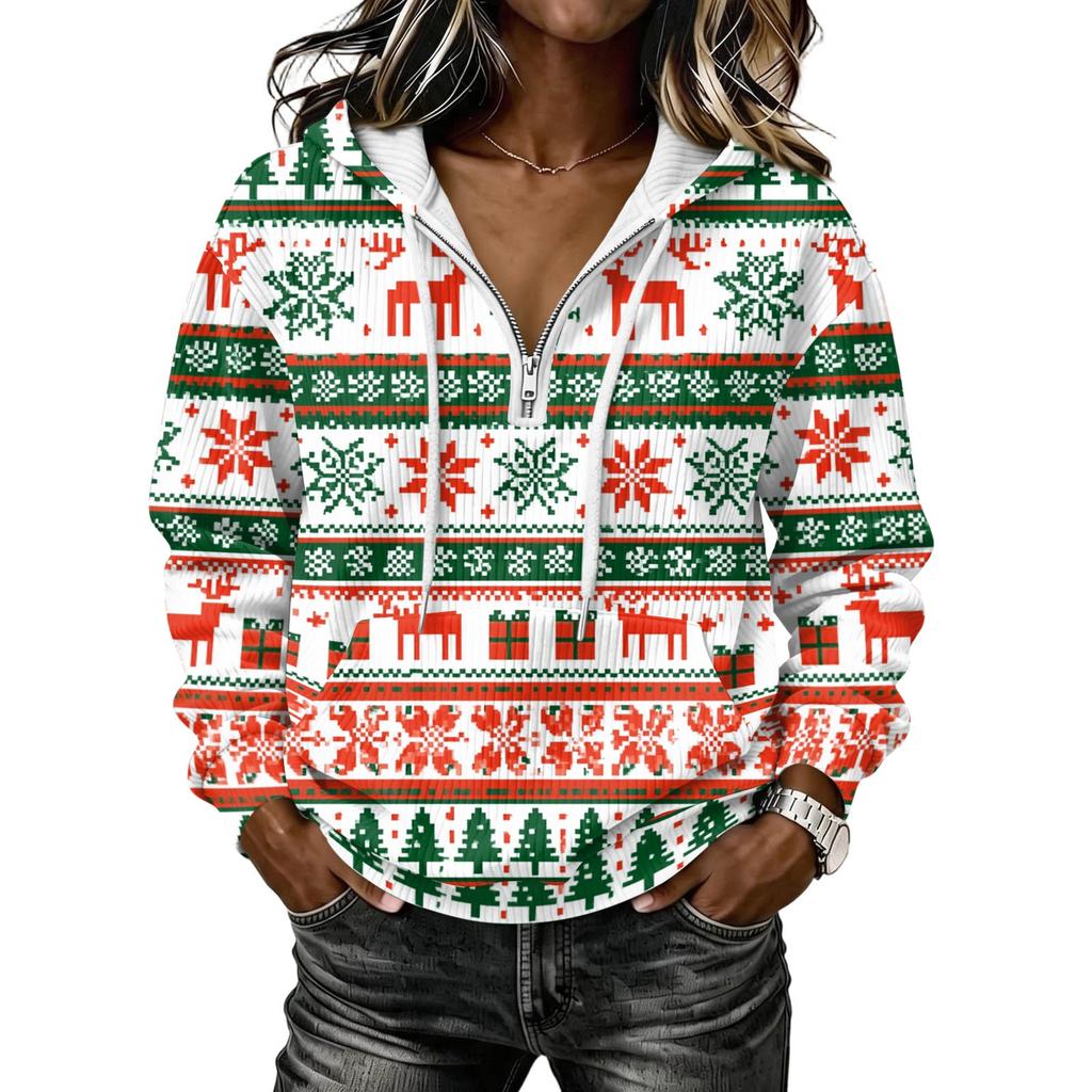 Women's Fashion Christmas Print Long Sleeve Hooded Pullover Sweatshirt Top