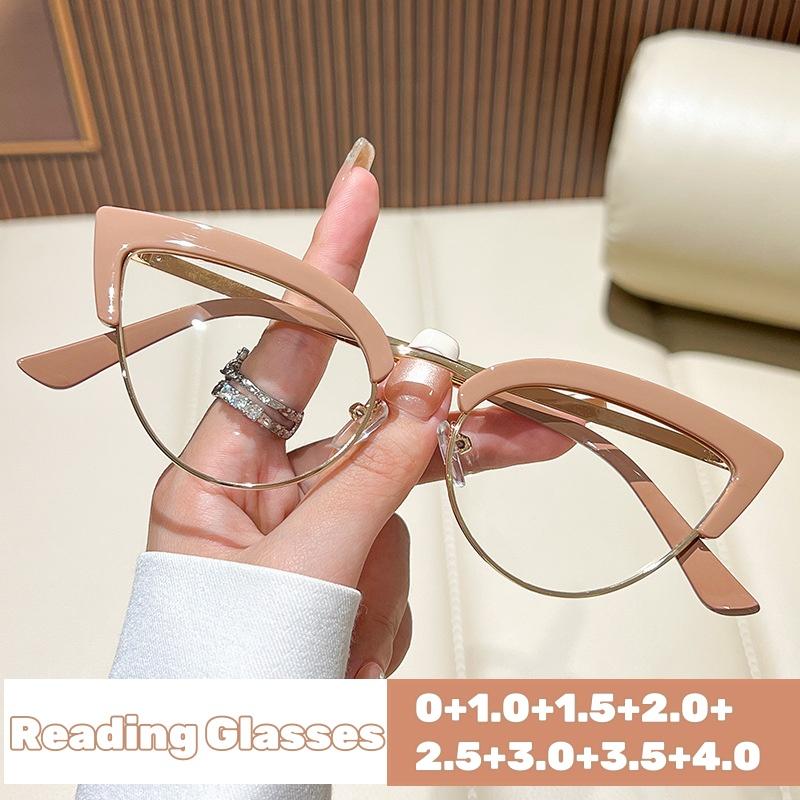 Ny trend kattesyn lesebriller dame anti-blått lys høyoppløselige optiske briller metall rød pluss dioptri 0 til +4.0