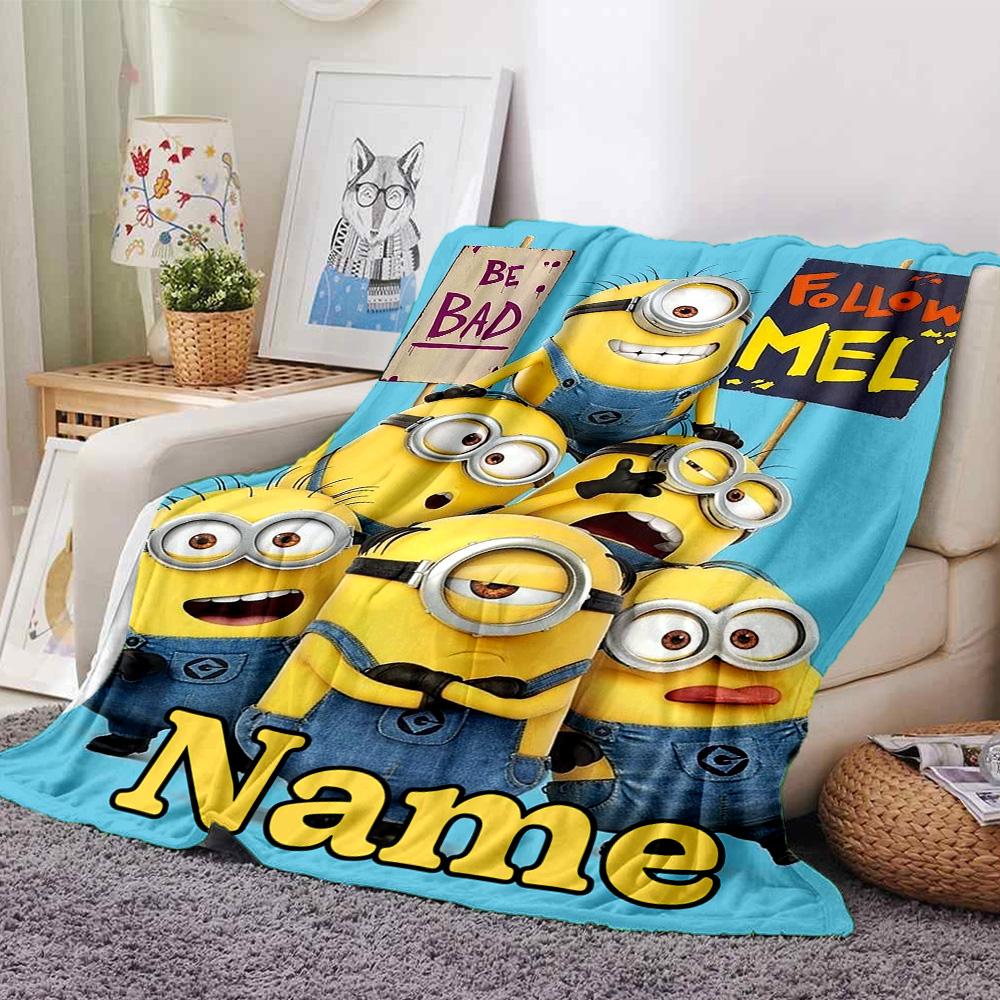 Custom Name Despicable Comic Adventure Flannel Blanket for Super Soft Cute Comfort Blanket for Travel Bedding Couch Sofa Blanket