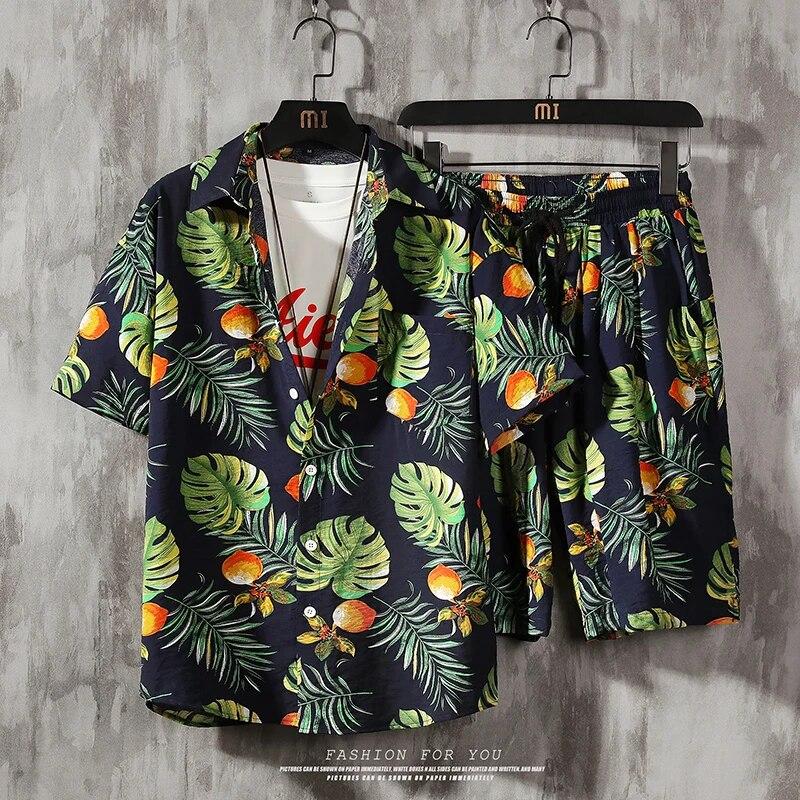 Erkek Set Kısa Kollu Hawaii Gömlek ve Şort Yaz Rahat Çiçek Gömlek Plaj Iki Parçalı Takım Elbise Moda Erkek Setleri