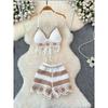 Vacation Style Beach Fashion Suit Halterneck Color-Block V Neck Tassel Vest Camisole + High Waist Hollow-out Wide Leg Shorts