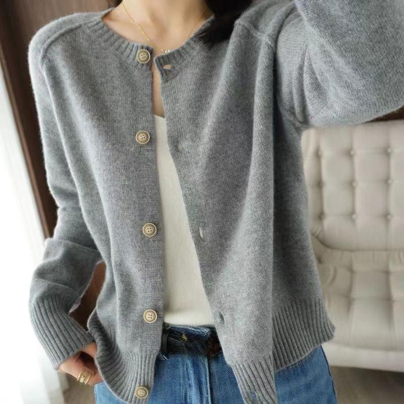 Round Neck Knitted Cardigan Women's Loose Sweater Jacket Short Style Solid Color Casual Long Sleeved Sweater Jacket Autumn