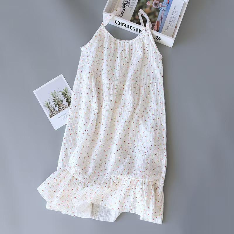 Women's Pure Cotton Crinkle Nightgown, Camisole Style, Breathable & Sweat-Absorbent, Loose-Fit Long Dress