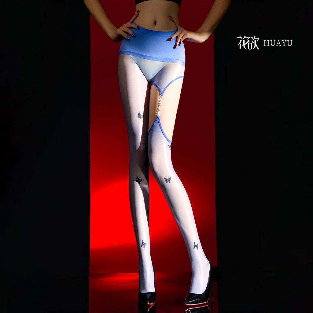 Aurora Dreamweaver Butterfly Diamond Chain Strap Seamless Crotch Glossy Aurora Ultra-Thin Stockings Sexy Black Silk