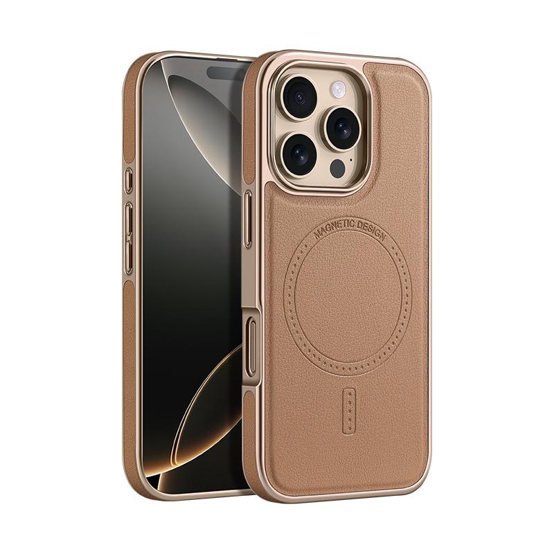 Apple 17 Promax Electroplated Leather Texture Magnetic Phone Case - iPhone16 Luxury Skin Feel, Strong Magnetic, Anti-fall Design