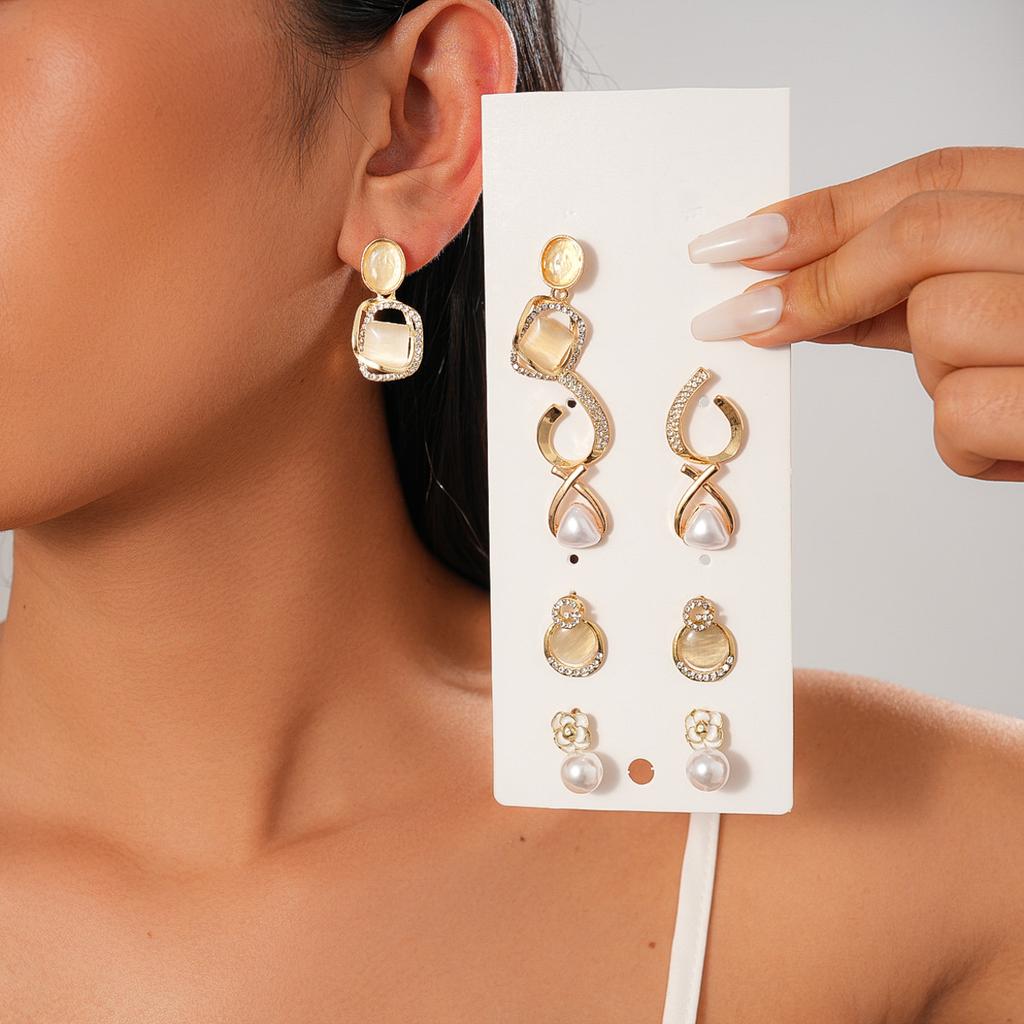 Ten-piece Set of Diamond-set Imitation Pearl Geometric Flower Silver Needle Stud Earrings Temperament Earrings