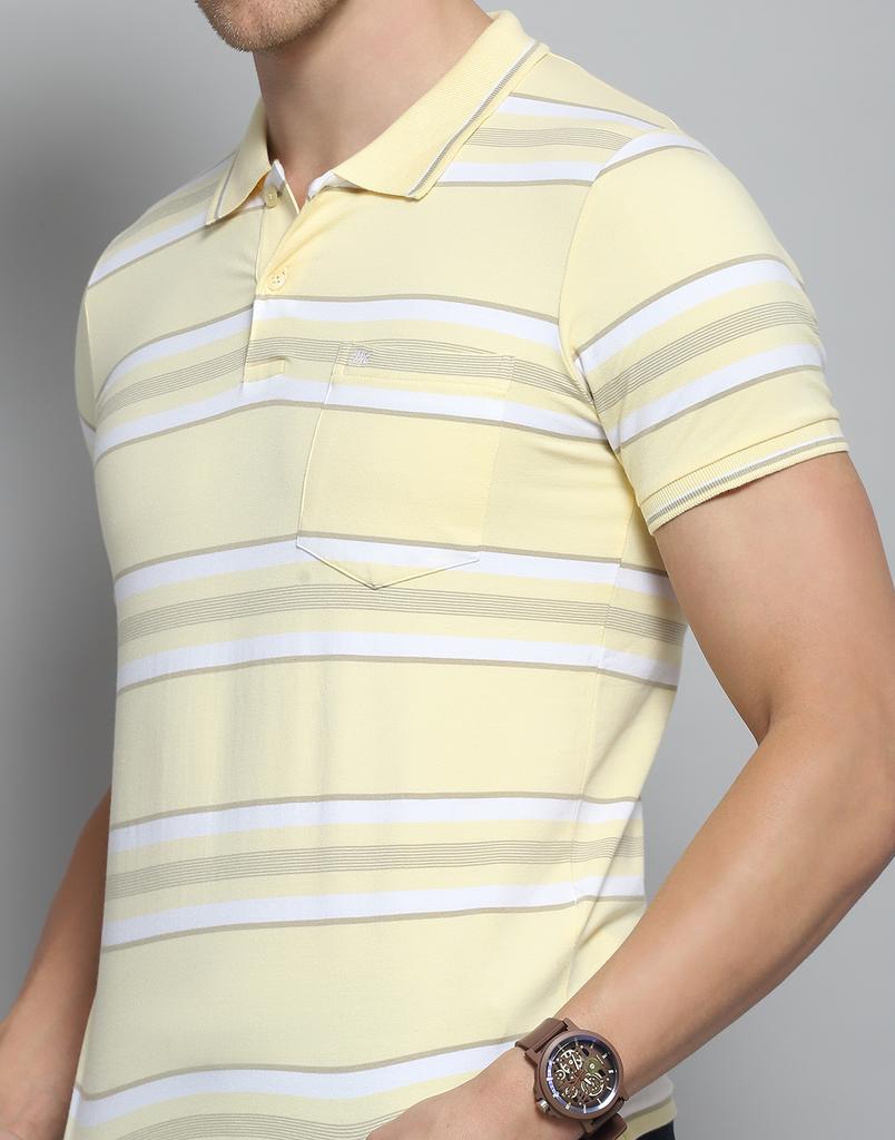 Monte Carlo Mens Striped Yellow Collar Neck Half Sleeve T-Shirt