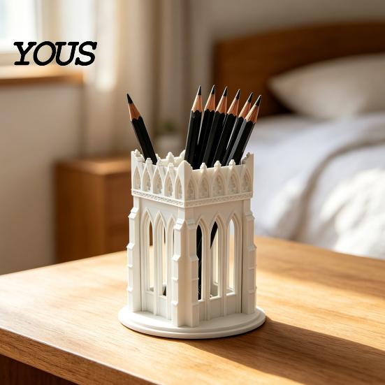 Medieval Style Pencil Holder Gothic Pen Holder, Cathedral Makeup Brush 3D Printed Church Architecture Desk Organizer Organizer, Vanity Storage Cup for