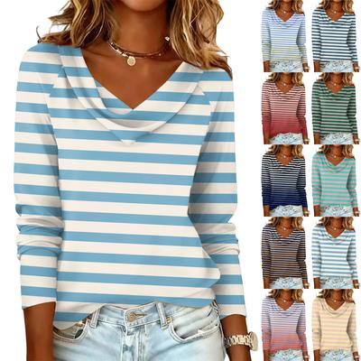 Ladies' Striped Printed Casual and Fashionable Long Sleeved Pullover Top