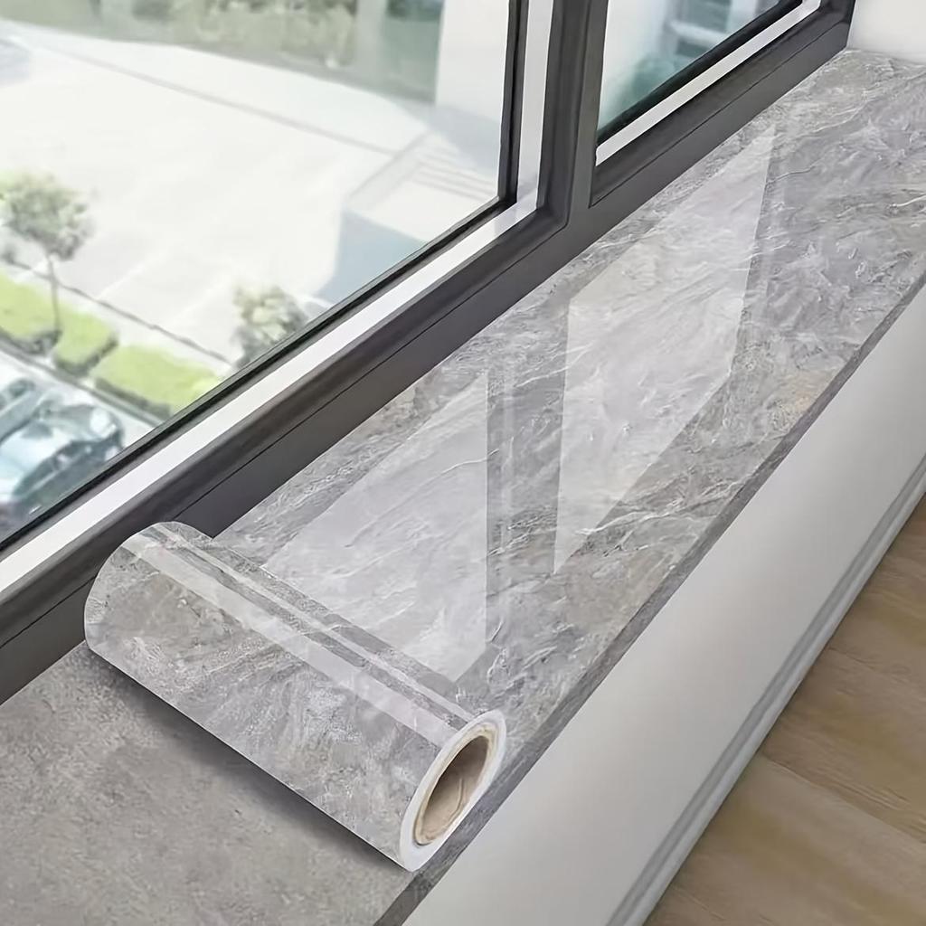 1 Roll Self-Adhesive Window Sill Stickers - White & Gray Marble Pattern Vinyl Contemporary Glossy Finish, Easy Peel & Stick Installation for Surfaces
