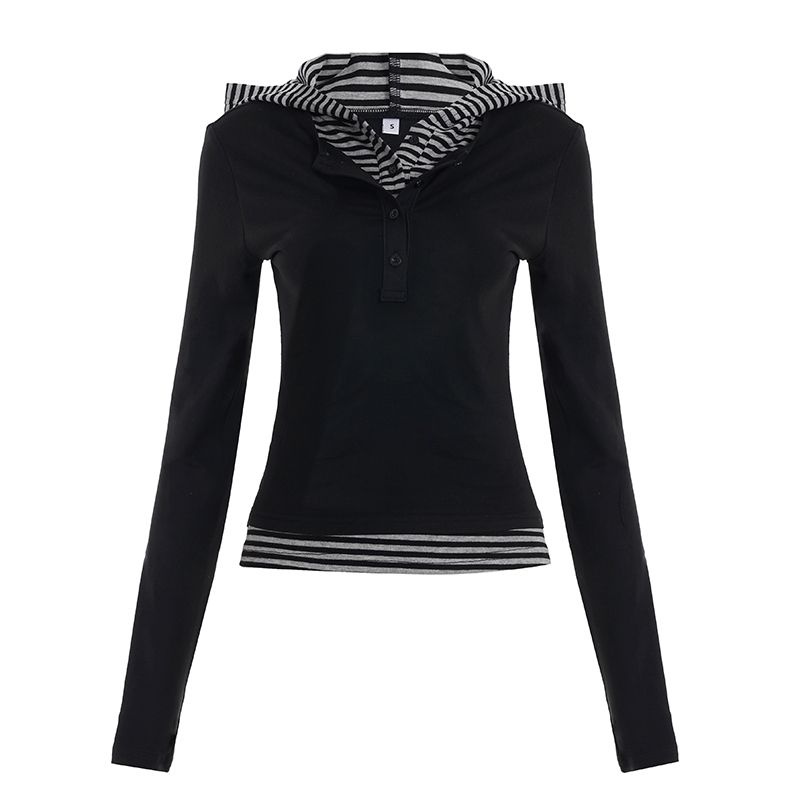 H's European and American Women's Clothing Retro Contrast Color Stripes Patchwork Fake Two-Piece Long Sleeves T-shirt Female Silm Slimming Hooded Tops
