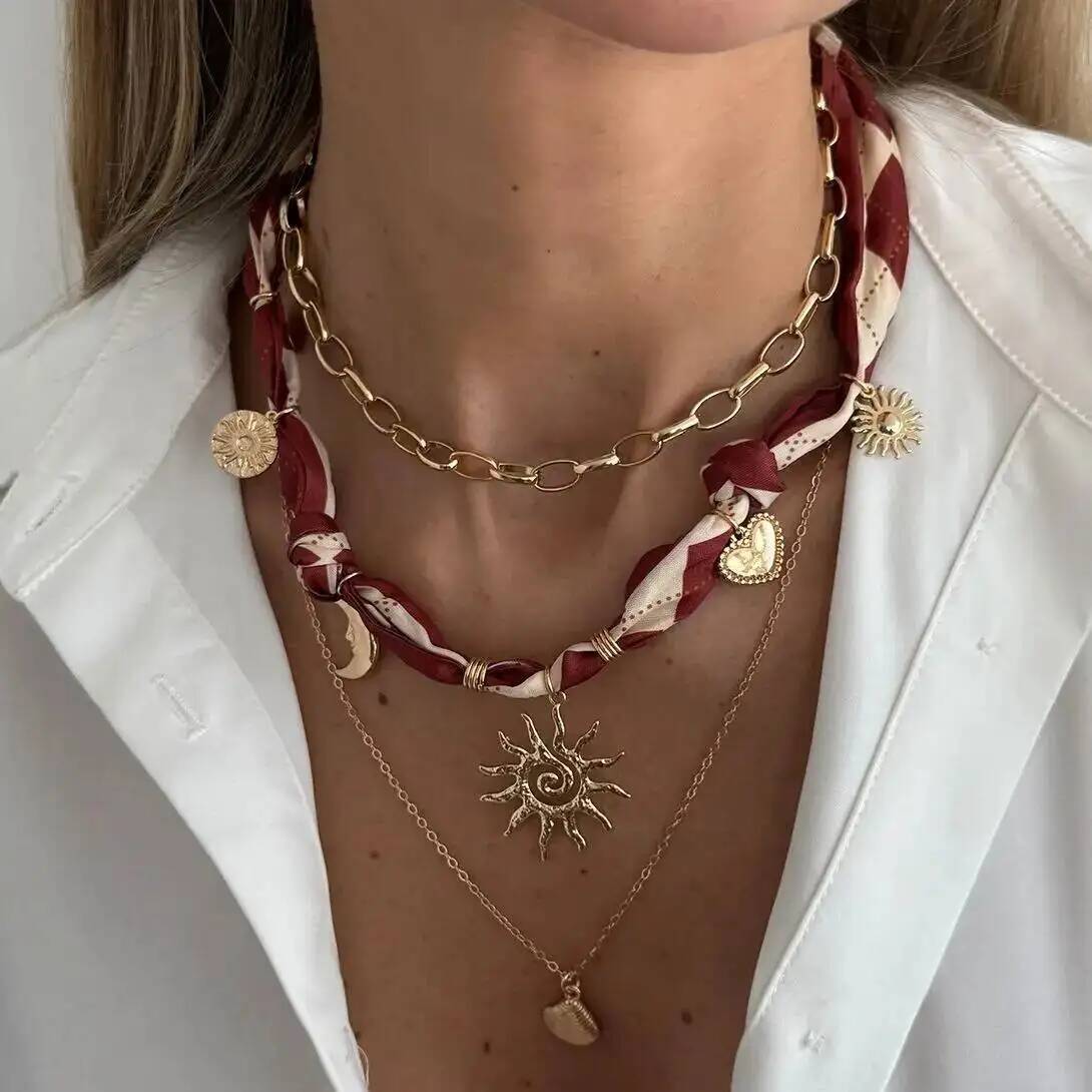 IngeSight.Z 3 Pcs/Set Bohemian Charm Ribbon Necklace Women Gold Color Sun Flower Moon Heart Pendant Choker Necklace Jewelry Gift