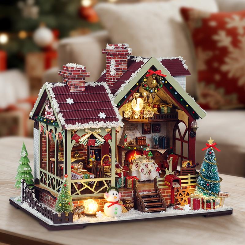 Fai da te Legno Caldo Chalet di Natale Case delle Bambole Kit Modello in Miniatura Casa delle Bambole con Mobili Luci LED per Regali