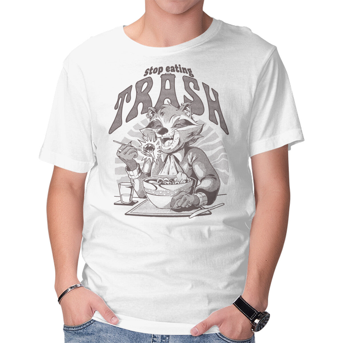 Unisex Crew Neck T-Shirt Stop Eating Trash Graphic Short Sleeve Casual Tee L