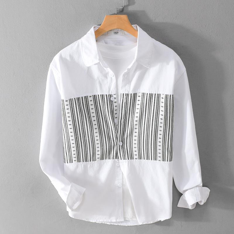 Jarní a letní ležérní bílé košile pro muže Denní ležérní košile s dlouhým rukávem z čisté bavlny Košile se sešíváním pruhů Módní pánské topy pro mládež