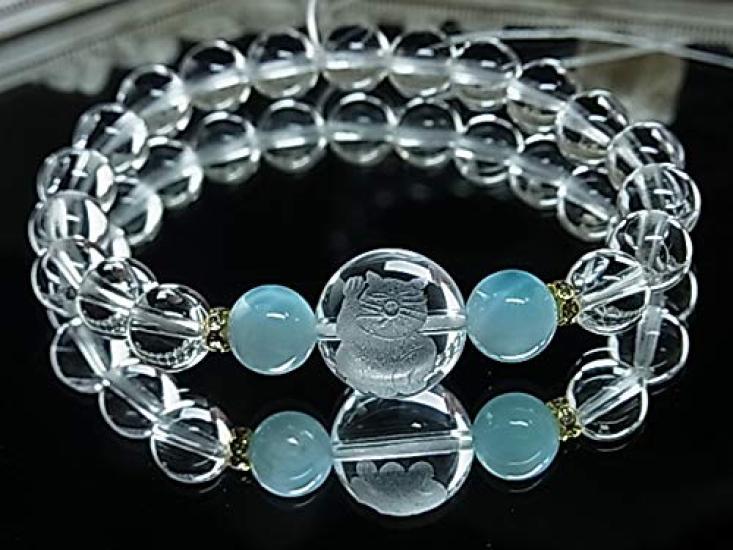no Beckoning Cat Crystal Larimar Lucky Brings Happiness and Good Natural Stone Power Stone Playful Bracelet 21 C55 [Neko Yume] Charm, Fortune, Women's