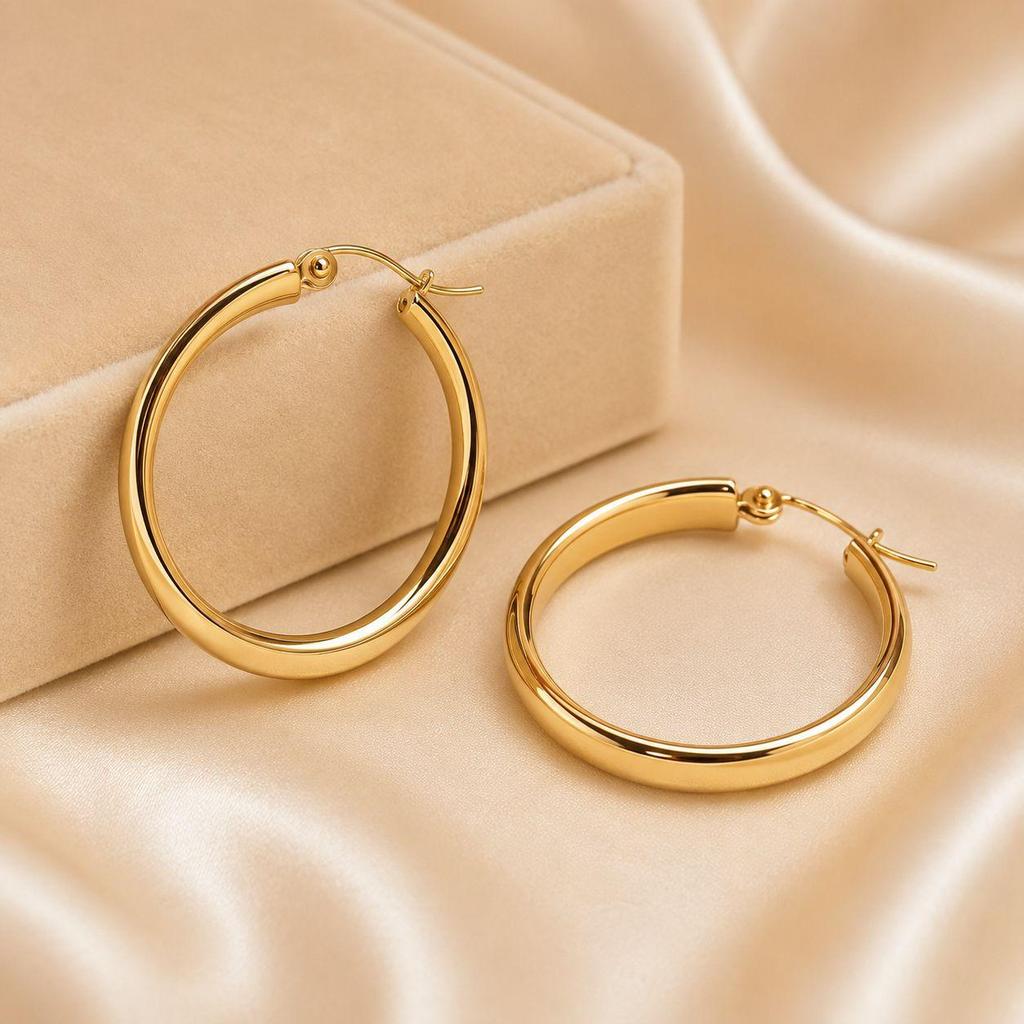 European Simple Oval Gold Hoop Earrings - Stainless Steel, Versatile Dangle Jewelry.