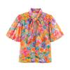Womens Vintage Floral Print Blouse With Puff Sleeves Bow Detail Casual Shirt