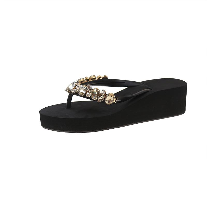 2026 New Comfortable and Fashionable All-match Beach Shoes Non-slip Soft Bottom Casual Flip-flops Rhinestone Chain Flat Slippers