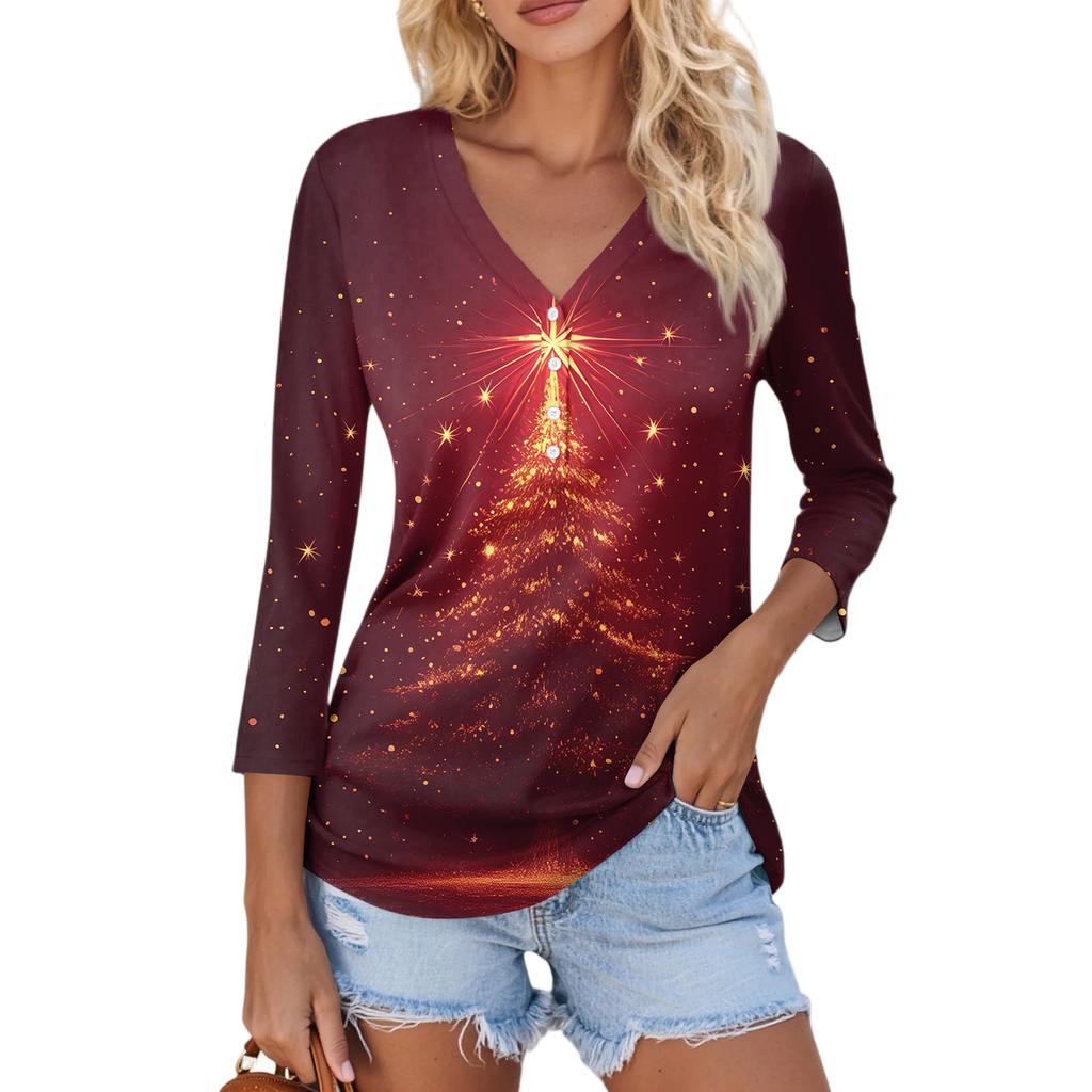 Damen Casual Mode Sexy Bequem Weihnachts-Print V-Ausschnitt Knopf Dreiviertelarm Oberteil