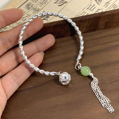 Semplice Bracciale Verde con Nappa Doppia Incantazione Argento Apribile Regolabile per Donne Gioielli Vintage Regali