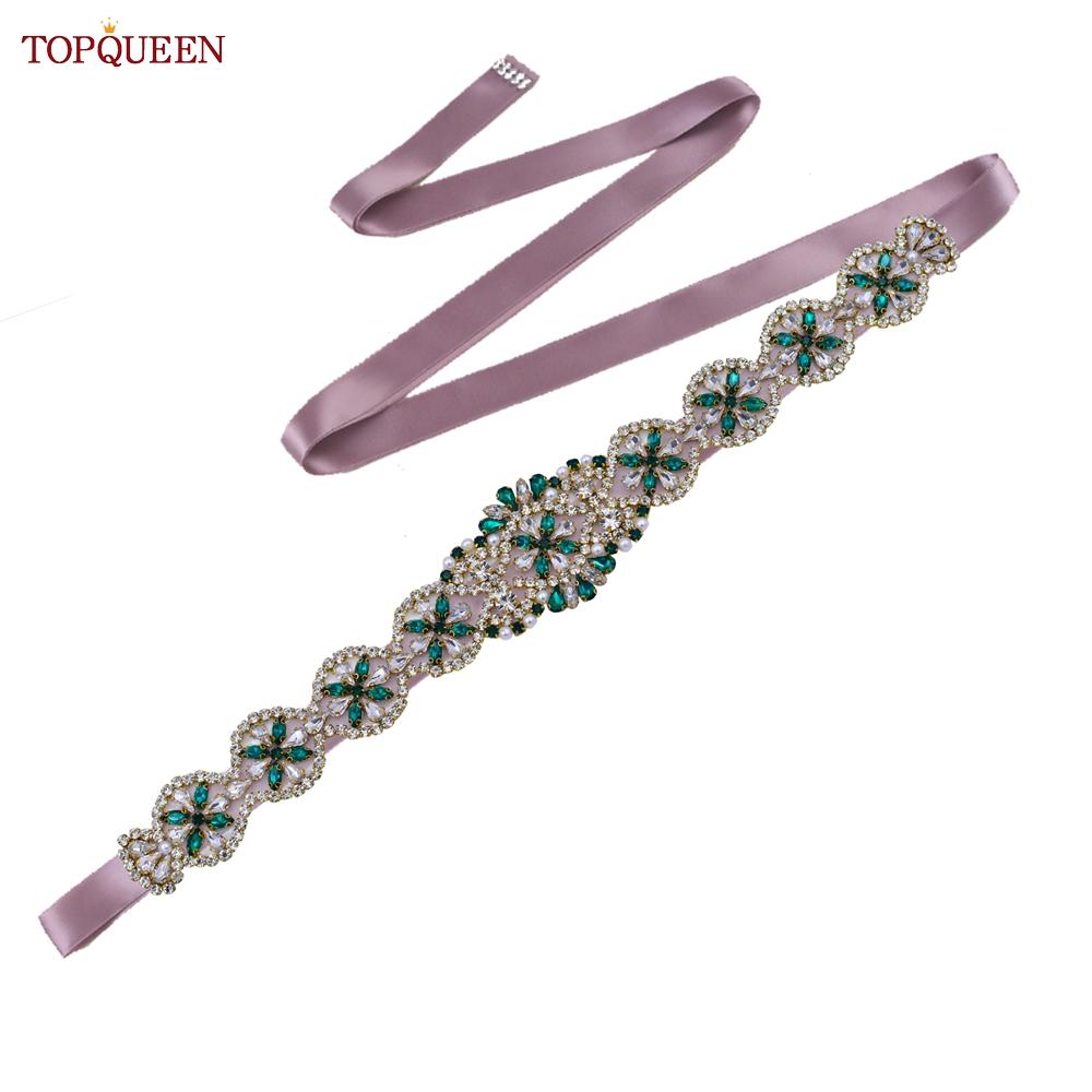 TOPQUEEN S161-KL Neuer Brautgürtel für Hochzeitskleider für Frauen in Gold, handgefertigt, Luxus-Schärpe, Zubehör für das tägliche Partykleid, grüner Strass