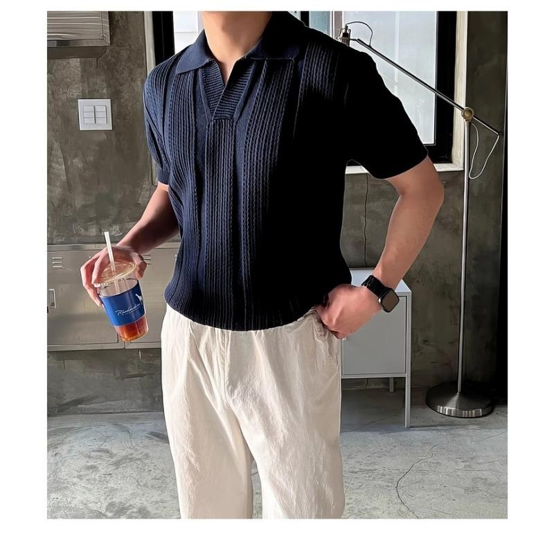 Men S Knitted Polo Shirt Short Sleeve Hollow Out Ice Silk Summer Old Money Style