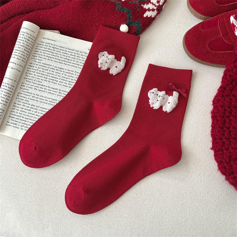 

Маленький медвежонок красный мультяшные носки, женские осенне-зимние носки до середины икры из чистого хлопка, носки в горошек с полосками и сердечком в виде маленькой собачки 1 pair