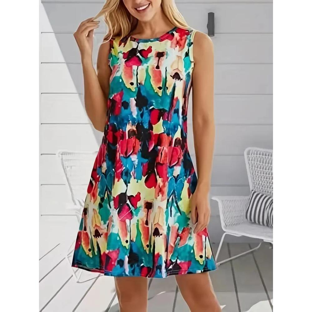 Robe débardeur d'été simple et colorée à imprimé floral sans manches Style vacances d'été Décontractée Confortable Douce Respirante Ample Robe mini pour femme