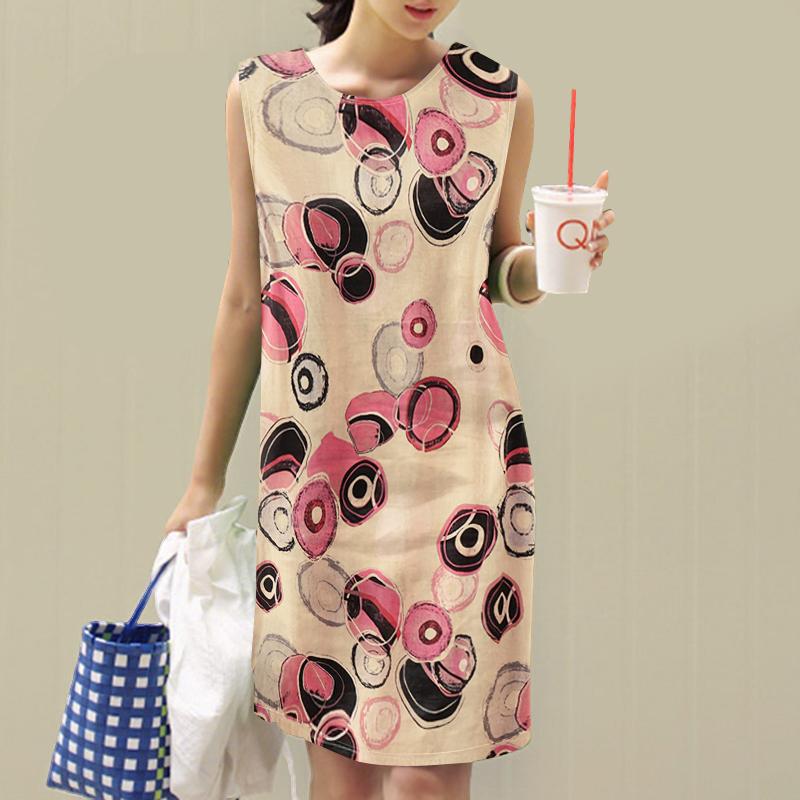 ZANZEA Women Holiday Casual Round Neck Sleeveless Print Dress