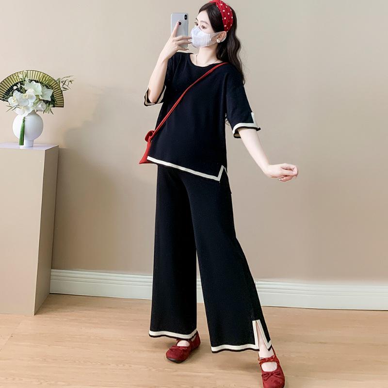 2026 Summer Apricot Maternity Two-Piece: Fashionable Short Sleeve Top and Wide-Leg Pants Set M