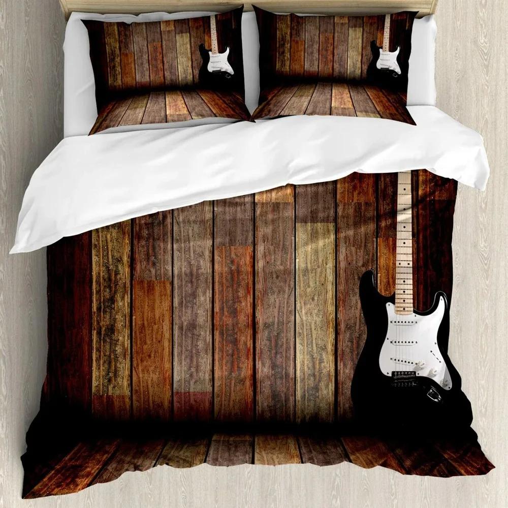 Gitarren Bettbezug Set, E-Gitarre im brennenden Hardrock Musikalische Kreativität Konzept, Schlafzimmer Dekor Bettwäsche Set Dekor