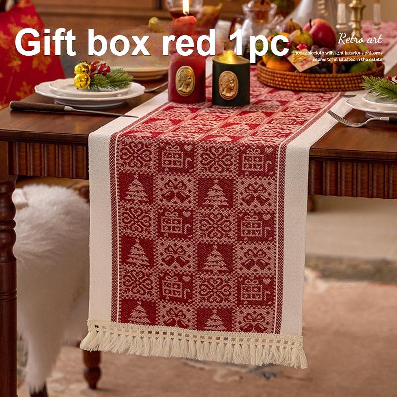 1pc Christmas Elk Table Runner Living Room Dining Room Rectangular Gift Box Tablecloth Napkin Table Cloth,Suitable for Household