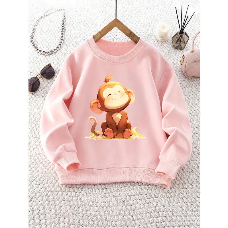 Unisex Round Neck Sweatshirt with Cute Cartoon Monkey Print, Sporty Casual Style, Suitable for Camping Wear