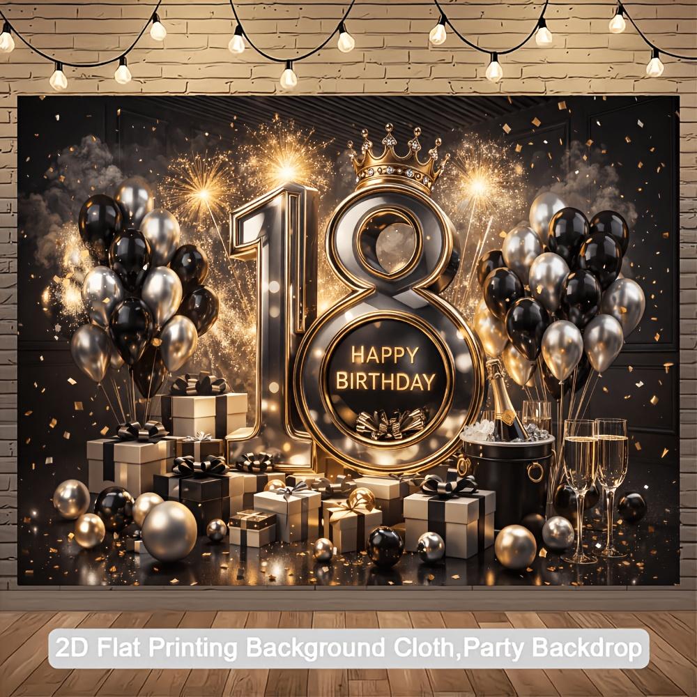 Sfondo banner festa di compleanno 18 anni piano 2D - Tema compleanno lussuoso nero e oro articolo decorativo da parete multifunzionale