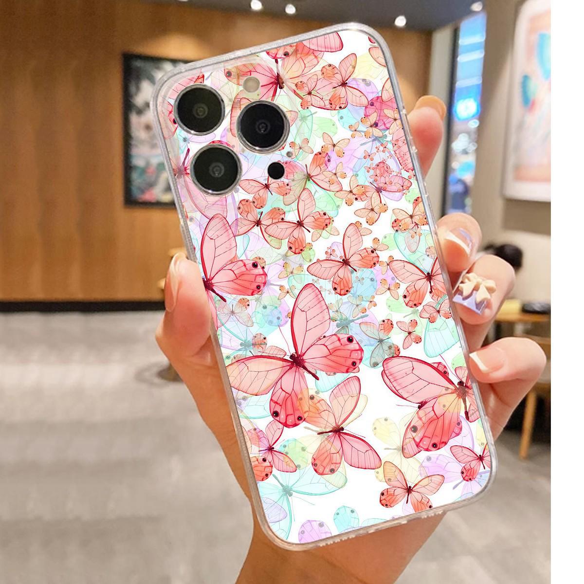Pink Butterfly Shockproof Clear Case for iPhone 15/16/17 Pro Max/14 iPhone 14 Pro прозрачный