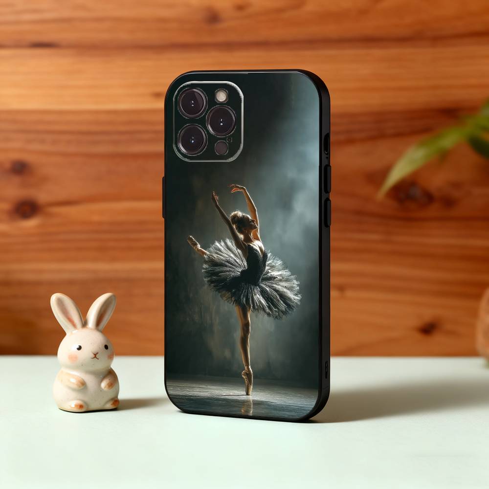 Monochrome Swan-Ballet Girl Phone Case For iPhone17,16,15,14,13,12Plus,Pro Max,XS,5G Soft Silicone Black Cover