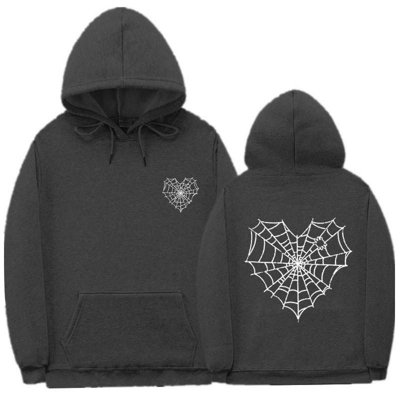 Gothic Spiderweb Print Hooded Sweatshirt Unisex Oversized Pullover With Ribbed Hem Fall