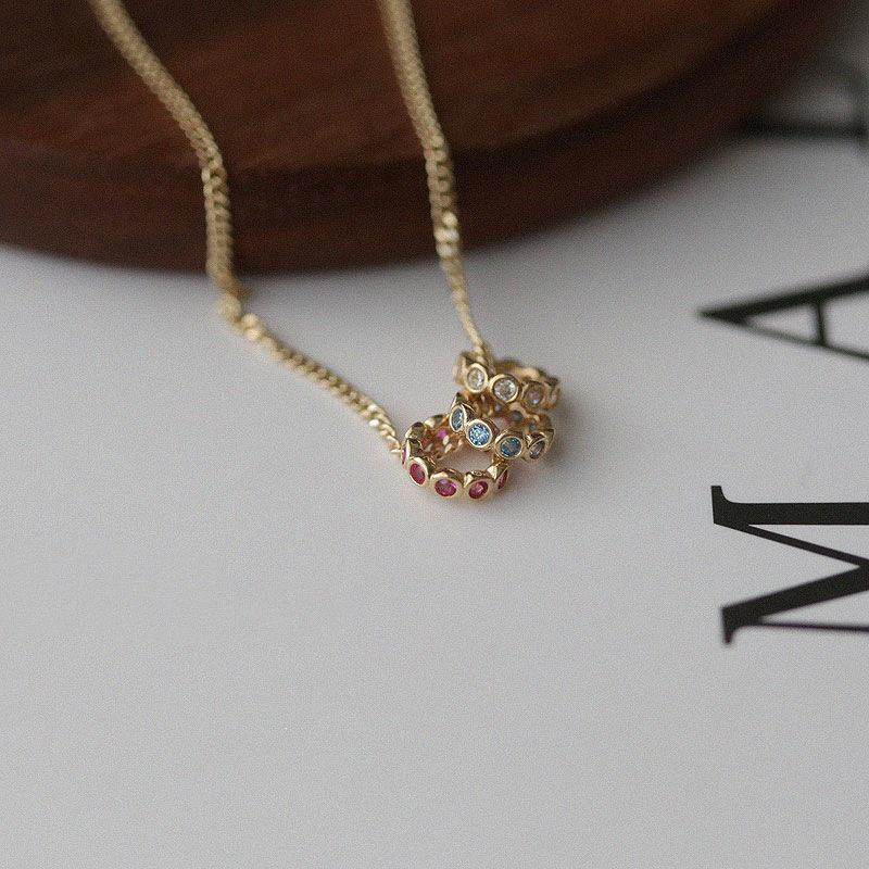 18K Gold-Plated Sterling Silver Colorful Hoop Pendant Necklace with Rhinestone Bead. Platinum