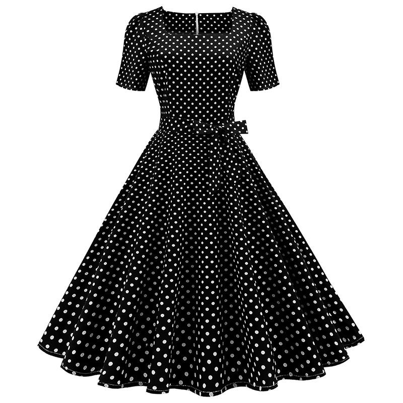 Retro Hepburn-Style Polka Dot Belted Dress with Square Neck and Cinched Waist