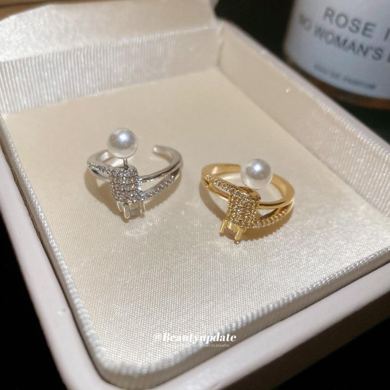 Japanese and Korean style simple zircon geometric opening pearl ring niche high-end index finger ring fashion exquisite ring women