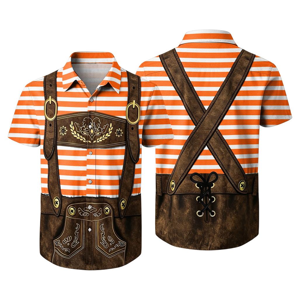 Men's Short Sleeve Button Up Shirt Casual Loose Fit Festival Party Shirt with Vintage Beer Elements Print and Faux Lederhosen Design